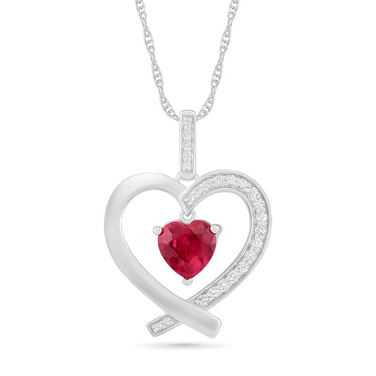 7.0mm Lab-Created Ruby and White Sapphire Ribbon Heart Pendant in Sterling Silver