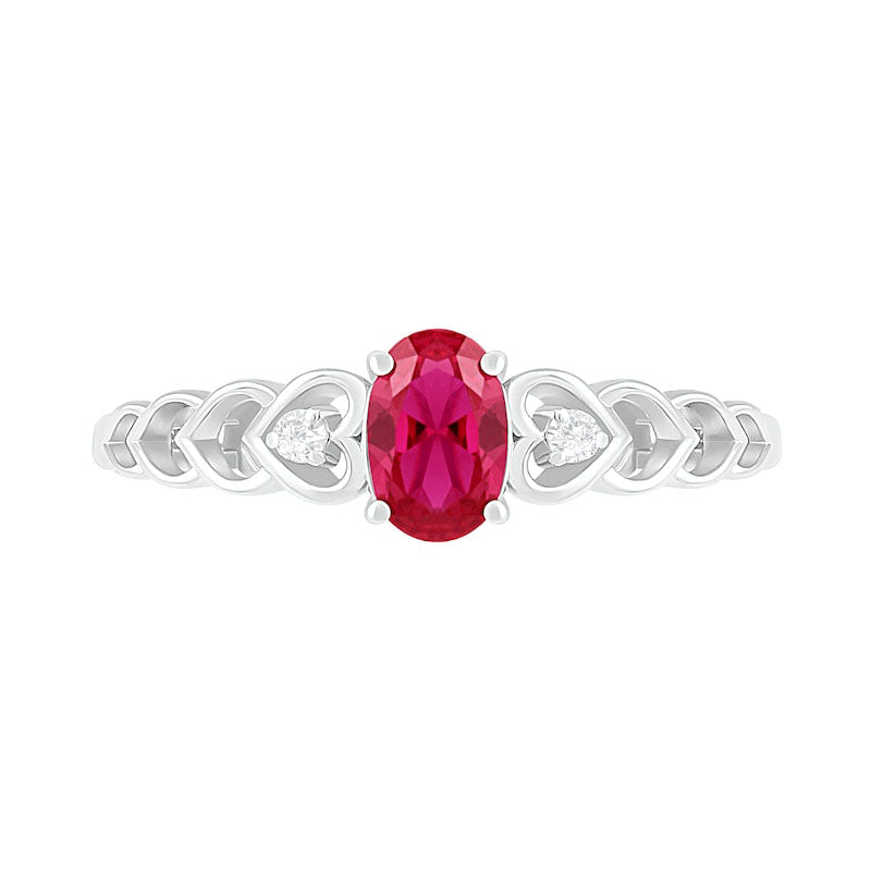 Oval Lab-Created Ruby and Diamond Accent Heart-Sides Trio Ring in Sterling Silver