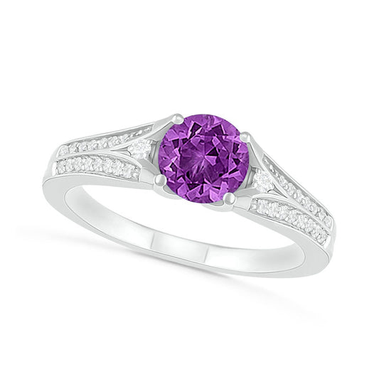 6.0mm Amethyst and Lab-Created White Sapphire Split Shank Ring in Sterling Silver