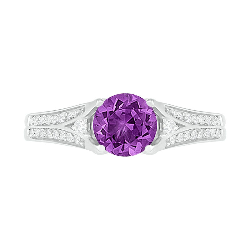 6.0mm Amethyst and Lab-Created White Sapphire Split Shank Ring in Sterling Silver