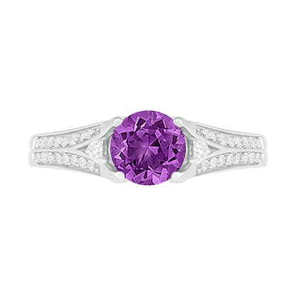 6.0mm Amethyst and Lab-Created White Sapphire Split Shank Ring in Sterling Silver