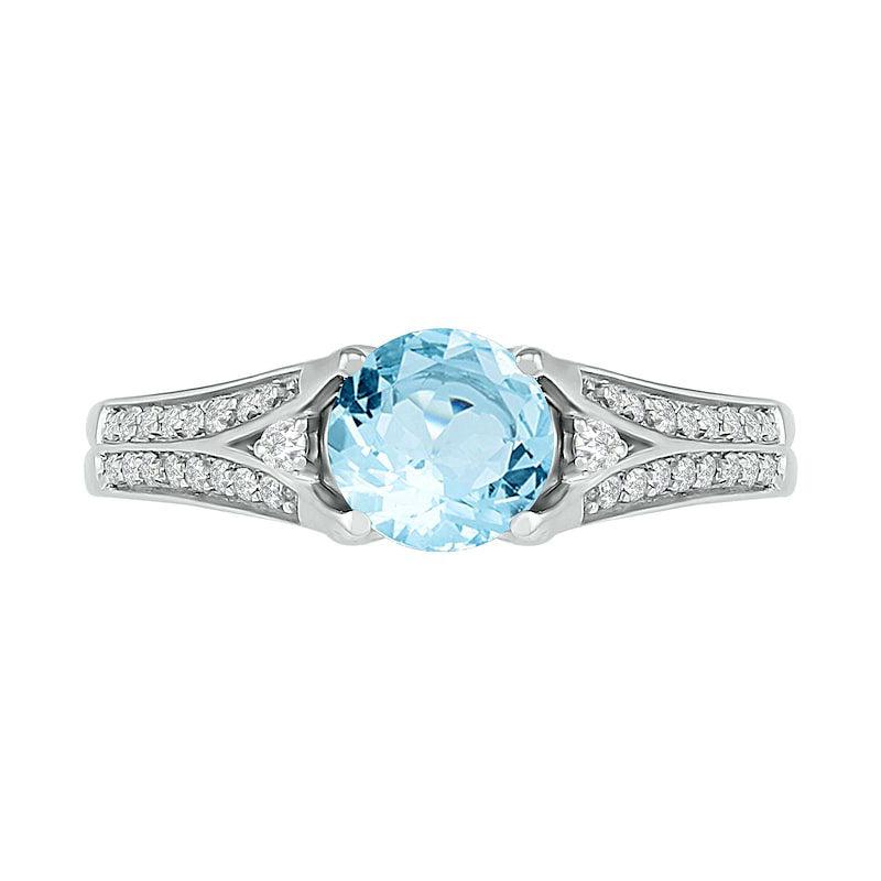 6.0mm Aquamarine and Lab-Created White Sapphire Split Shank Ring in Sterling Silver