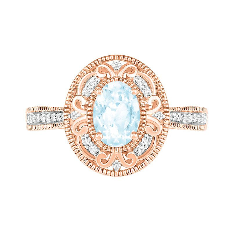 Oval Aquamarine and 0.13 CT. T.W. Natural Diamond Scroll Frame Tapered Shank Antique Vintage-Style Ring in Solid 10K Rose Gold