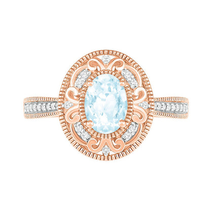 Oval Aquamarine and 0.13 CT. T.W. Natural Diamond Scroll Frame Tapered Shank Antique Vintage-Style Ring in Solid 10K Rose Gold
