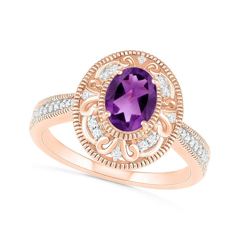 Oval Amethyst and 0.13 CT. T.W. Natural Diamond Scroll Frame Tapered Shank Antique Vintage-Style Ring in Solid 10K Rose Gold
