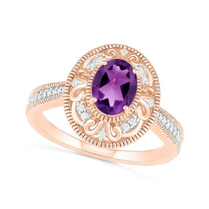 Oval Amethyst and 0.13 CT. T.W. Natural Diamond Scroll Frame Tapered Shank Antique Vintage-Style Ring in Solid 10K Rose Gold