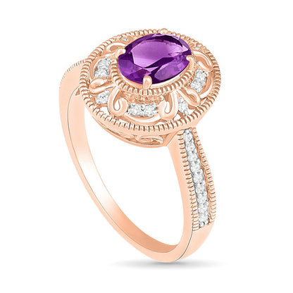Oval Amethyst and 0.13 CT. T.W. Natural Diamond Scroll Frame Tapered Shank Antique Vintage-Style Ring in Solid 10K Rose Gold