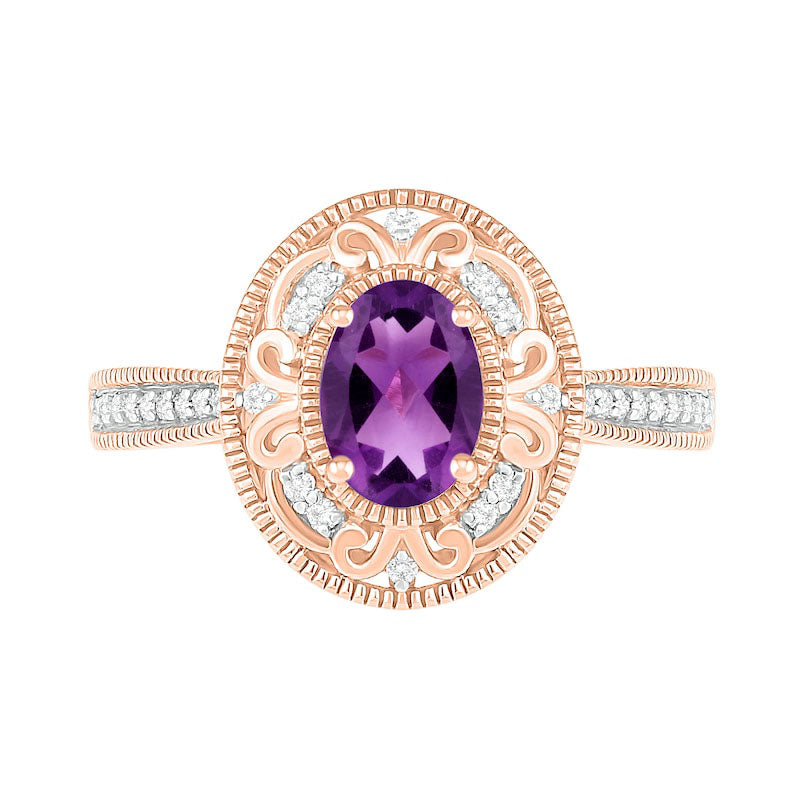 Oval Amethyst and 0.13 CT. T.W. Natural Diamond Scroll Frame Tapered Shank Antique Vintage-Style Ring in Solid 10K Rose Gold