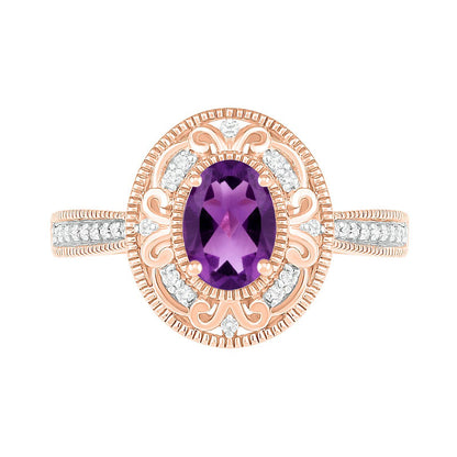 Oval Amethyst and 0.13 CT. T.W. Natural Diamond Scroll Frame Tapered Shank Antique Vintage-Style Ring in Solid 10K Rose Gold