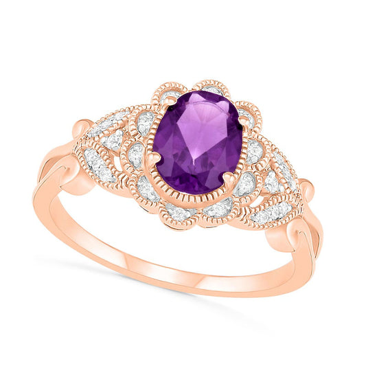 Oval Amethyst and 0.10 CT. T.W. Natural Diamond Scallop Frame Leaf-Sides Antique Vintage-Style Flower Ring in Solid 10K Rose Gold
