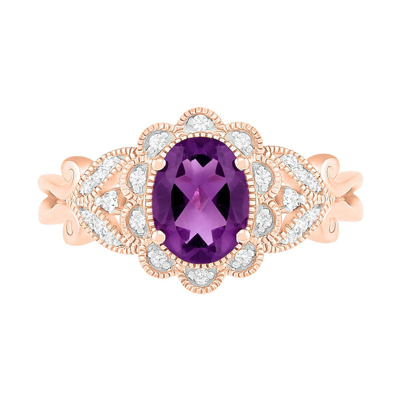 Oval Amethyst and 0.10 CT. T.W. Natural Diamond Scallop Frame Leaf-Sides Antique Vintage-Style Flower Ring in Solid 10K Rose Gold