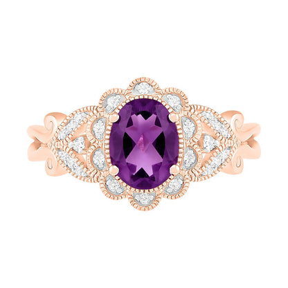 Oval Amethyst and 0.10 CT. T.W. Natural Diamond Scallop Frame Leaf-Sides Antique Vintage-Style Flower Ring in Solid 10K Rose Gold