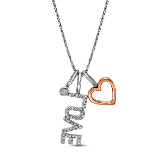 0.05 CT. T.W. Natural Diamond Outline Heart, "LOVE" and Circle Charm Pendant in Sterling Silver and 10K Rose Gold