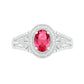 Oval Lab-Created Ruby and 0.13 CT. T.W. Diamond Frame Leaf-Sides Split Shank Antique Vintage-Style Ring in Sterling Silver