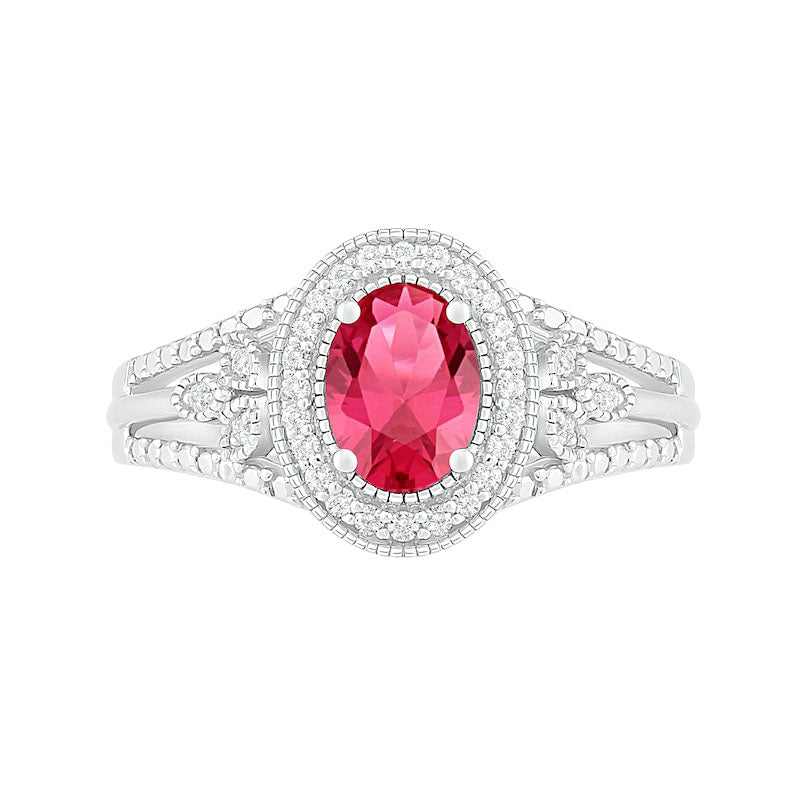 Oval Lab-Created Ruby and 0.13 CT. T.W. Diamond Frame Leaf-Sides Split Shank Antique Vintage-Style Ring in Sterling Silver