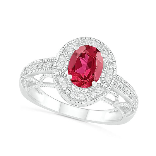 Oval Lab-Created Ruby and White Sapphire Frame Scallop Border Shank Antique Vintage-Style Ring in Sterling Silver
