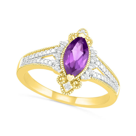 Marquise Amethyst and 0.07 CT. T.W. Natural Diamond Beaded Ornate Frame Split Shank Antique Vintage-Style Ring in Solid 10K Yellow Gold