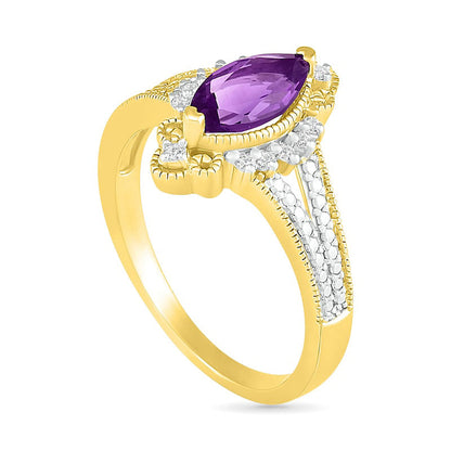 Marquise Amethyst and 0.07 CT. T.W. Natural Diamond Beaded Ornate Frame Split Shank Antique Vintage-Style Ring in Solid 10K Yellow Gold