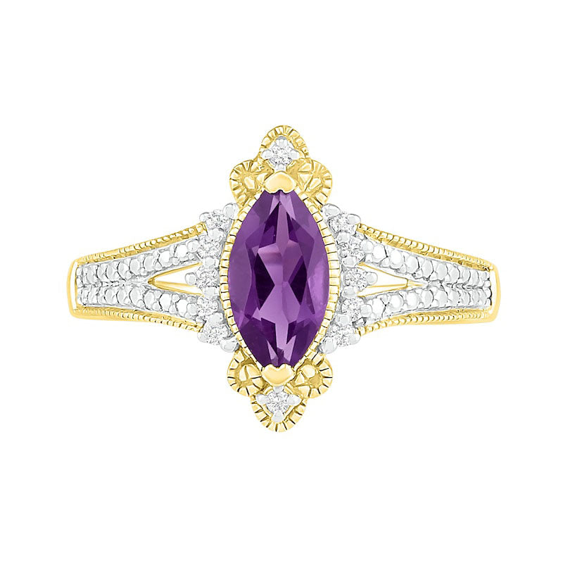 Marquise Amethyst and 0.07 CT. T.W. Natural Diamond Beaded Ornate Frame Split Shank Antique Vintage-Style Ring in Solid 10K Yellow Gold