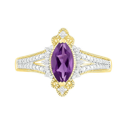 Marquise Amethyst and 0.07 CT. T.W. Natural Diamond Beaded Ornate Frame Split Shank Antique Vintage-Style Ring in Solid 10K Yellow Gold