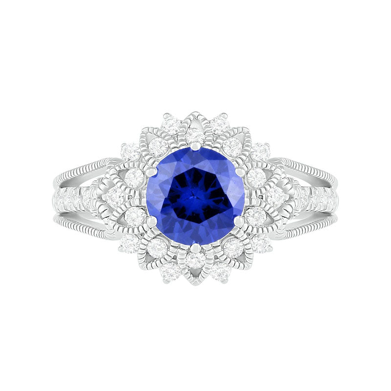 7.0mm Lab-Created Blue and White Sapphire Frame Triple Row Split Shank Antique Vintage-Style Flower Ring in Sterling Silver