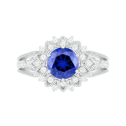 7.0mm Lab-Created Blue and White Sapphire Frame Triple Row Split Shank Antique Vintage-Style Flower Ring in Sterling Silver