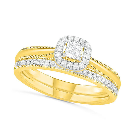 0.33 CT. T.W. Princess-Cut Natural Diamond Frame Antique Vintage-Style Bridal Engagement Ring Set in Solid 10K Yellow Gold