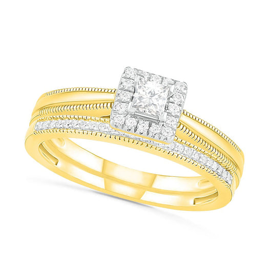0.33 CT. T.W. Princess-Cut Natural Diamond Frame Antique Vintage-Style Bridal Engagement Ring Set in Solid 10K Yellow Gold