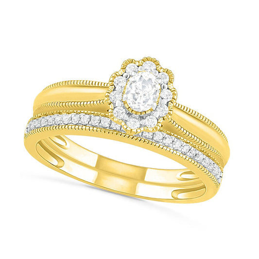 0.33 CT. T.W. Oval Natural Diamond Scallop Frame Antique Vintage-Style Bridal Engagement Ring Set in Solid 10K Yellow Gold