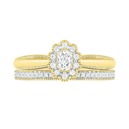 0.33 CT. T.W. Oval Natural Diamond Scallop Frame Antique Vintage-Style Bridal Engagement Ring Set in Solid 10K Yellow Gold
