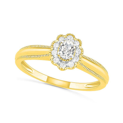 0.33 CT. T.W. Oval Natural Diamond Scallop Frame Antique Vintage-Style Bridal Engagement Ring Set in Solid 10K Yellow Gold