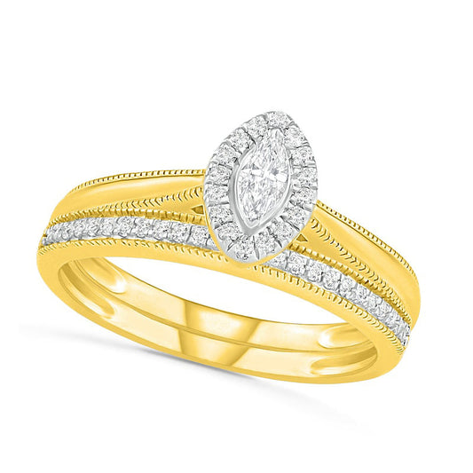 0.33 CT. T.W. Marquise Natural Diamond Frame Antique Vintage-Style Bridal Engagement Ring Set in Solid 10K Yellow Gold