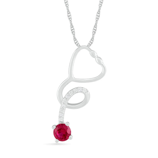 3.0mm Lab-Created Ruby and White Sapphire Tilted Loop Stethoscope Pendant in Sterling Silver