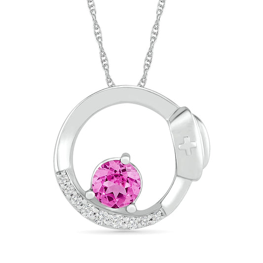 5.0mm Lab-Created Pink and White Sapphire Open Circle with Nurse Cap Pendant in Sterling Silver