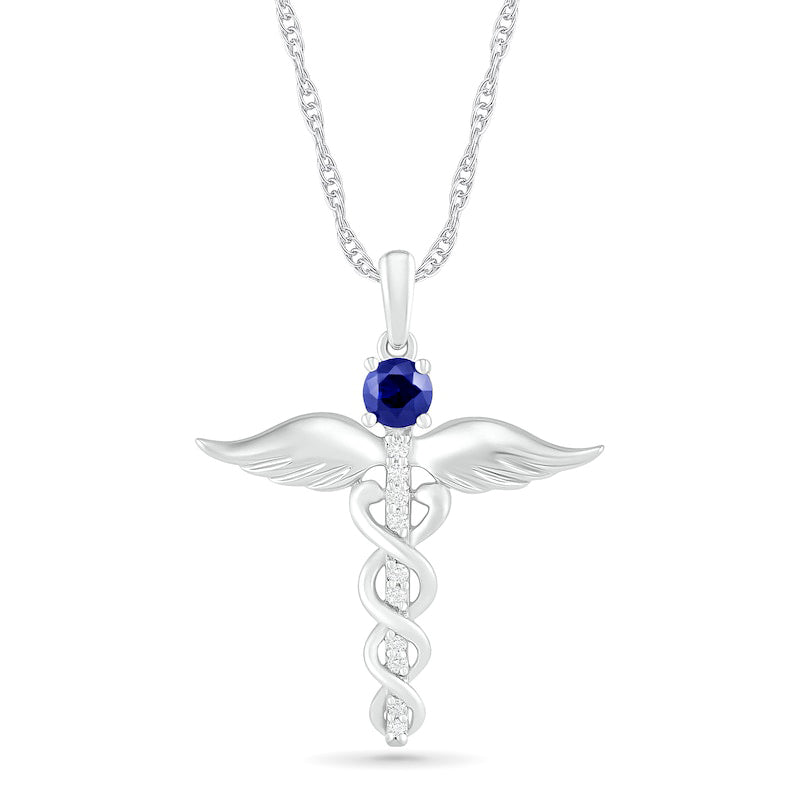 4.0mm Lab-Created Blue and White Sapphire Caduceus Drop Pendant in Sterling Silver