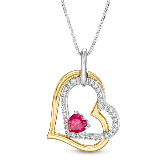 4.0mm Lab-Created Ruby and White Sapphire Tilted Double Heart Pendant in Sterling Silver and 14K Gold Plate