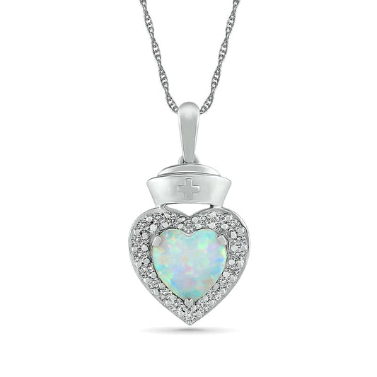 7.0mm Lab-Created Opal and White Sapphire Frame Heart with Nurse Cap Drop Pendant in Sterling Silver