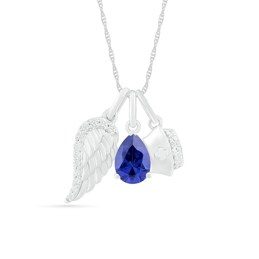 Pear-Shaped Lab-Created Blue and White Sapphire Wing and Nurse Cap Charm Pendant in Sterling Silver