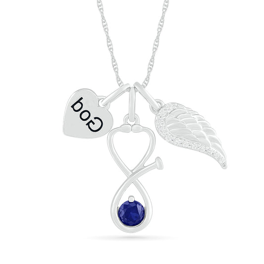 4.0mm Lab-Created Blue and White Sapphire Stethoscope, Wing and "God" Heart Disc Charm Pendant in Sterling Silver
