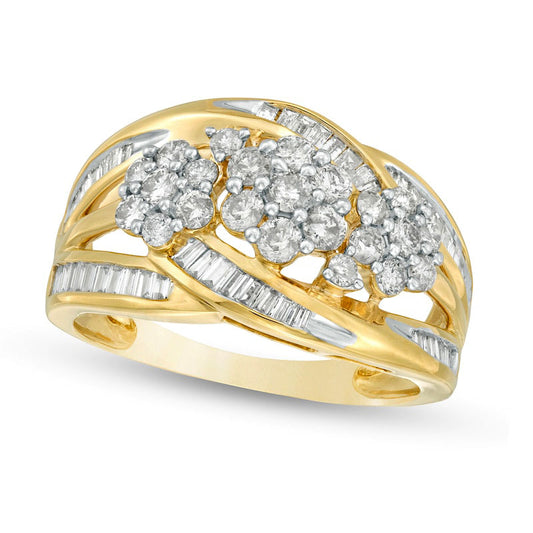 1.0 CT. T.W. Composite Natural Diamond Flower Multi-Row Ring in Solid 10K Yellow Gold