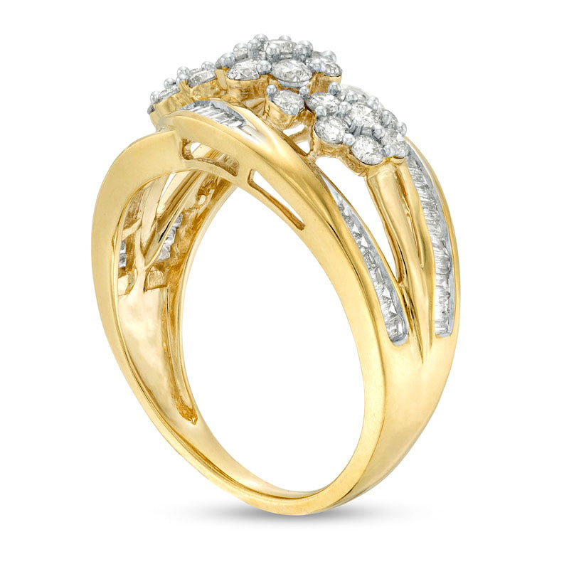 1.0 CT. T.W. Composite Natural Diamond Flower Multi-Row Ring in Solid 10K Yellow Gold