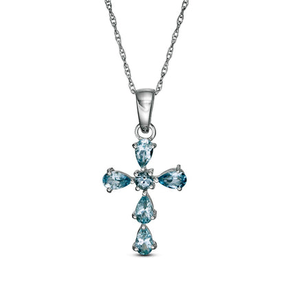 Pear-Shaped and Round Aquamarine Cross Pendant in Sterling Silver