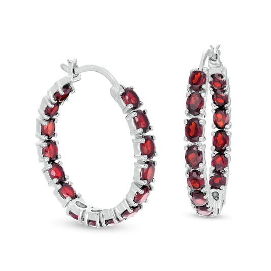 Oval Garnet Inside-Out Hoop Earrings in Sterling Silver