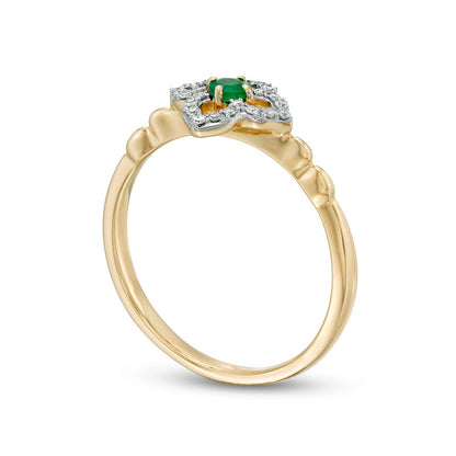 3.0mm Emerald and 0.10 CT. T.W. Natural Diamond Open Petal Frame Scallop Shank Flower Ring in Solid 10K Yellow Gold