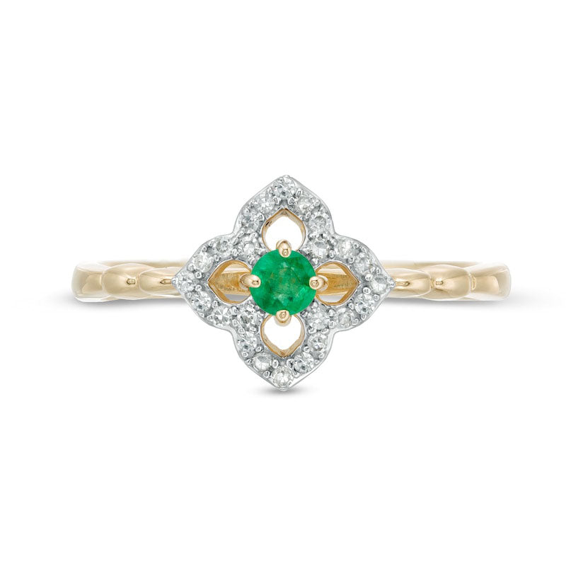 3.0mm Emerald and 0.10 CT. T.W. Natural Diamond Open Petal Frame Scallop Shank Flower Ring in Solid 10K Yellow Gold