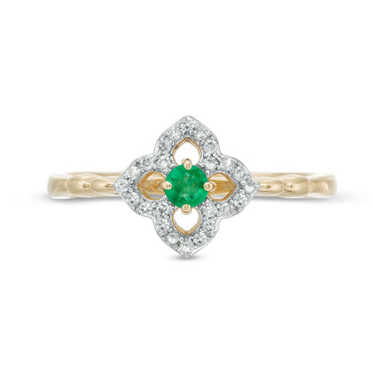 3.0mm Emerald and 0.10 CT. T.W. Natural Diamond Open Petal Frame Scallop Shank Flower Ring in Solid 10K Yellow Gold