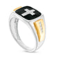 Men's 0.13 CT. T.W. Natural Diamond Cross and Black Enamel Square-Top Stepped Edge Ring in Solid 10K Two-Tone Gold