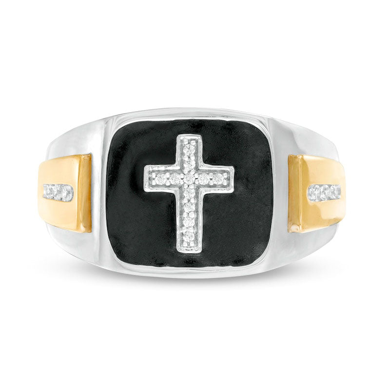 Men's 0.13 CT. T.W. Natural Diamond Cross and Black Enamel Square-Top Stepped Edge Ring in Solid 10K Two-Tone Gold