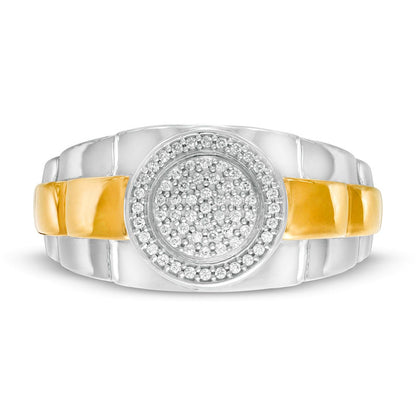 Men's 0.20 CT. T.W. Composite Natural Diamond Frame Triple Row Ribbed Shank Ring in Solid 10K Two-Toned Gold