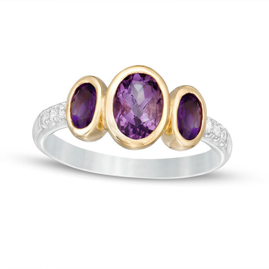 Oval Rose de France and Purple Amethyst and White Topaz Three Stone Ring in Sterling Silver and Solid 14K Gold Plate